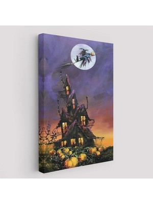 Beta Moda Hub Süpürge Ile Uçan Cadı ve Kedisi Cadılar Bayramı Helloven Duvar Tablosu -