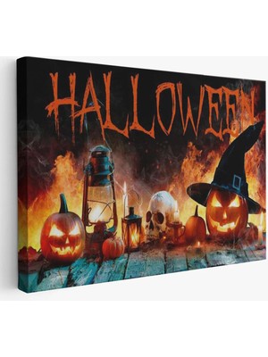 Beta Moda Hub Iskelet Kafa ve Oymalı Kabaklar Cadılar Bayramı Dekoratif Duvar Tablosu-
