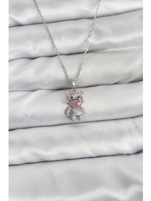Bazarhane 316L Çelik Zincir Gümüş Renk Teddy Bear Model Zirkon Taşlı Kadın Kolye
