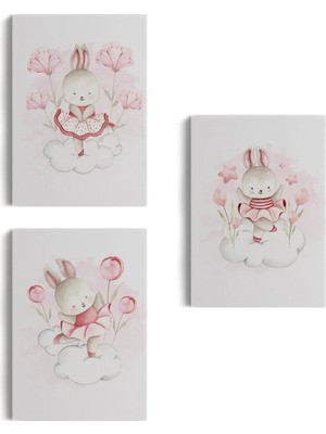 Beta Moda Hub 3’lü Tablo Sevimli Tavşan Dekoratif Duvar Tablo Seti-Bş-