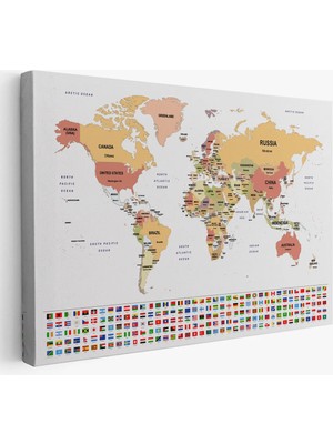 Beta Moda Hub Dünya Haritası Ülke Bayraklı ve Dekoratif Kanvas Tablo