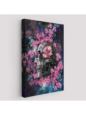 Beta Moda Hub Iskelet Kafa ve Pembe Çiçekler Kanvas Tablo Duvar Sanatı-