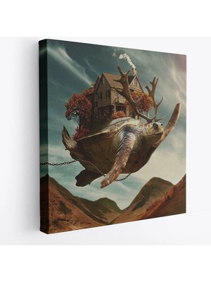 Beta Moda Hub Evini Sırtında Taşıyan Uçan Kaplunbağa Sürreal Tablo-