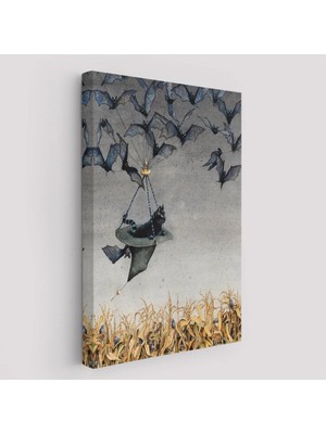 Beta Moda Hub Tarla Farelerinin Üstünden Yarasaların Yardımı ile Uçan Kara Kedi Tablosu-