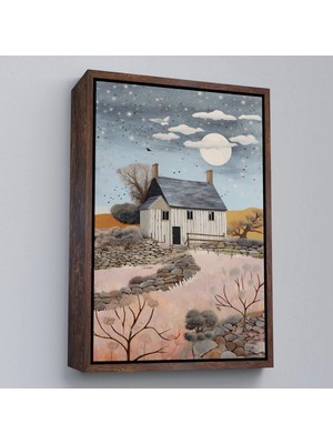 Beta Moda Hub Ahşap Çerçeveli Köy Evi Gece Manzarası Tablo-