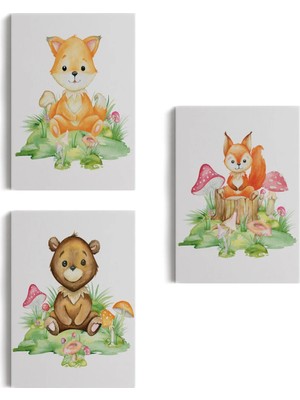Beta Moda Hub 3’lü Tablo Sevimli Hayvanlar Temalı Dekoratif Şık ve Modern Duvar Tablo Seti-Bh-
