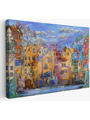 Beta Moda Hub Eski Avrupa Kasabası Yağlıboya Görünüm Dekoratif Kanvas Tablo-