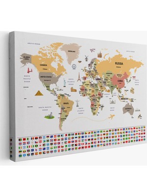 Beta Moda Hub Dünya Haritası Ülke Bayraklı ve Başkentli Kanvas Tablo