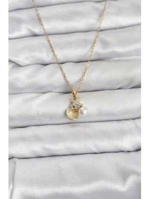 Bazarhane 316L Çelik Zincir Gold Renk Deniz Kabuğu ve Deniz Yıldızı Model Zirkon Taşlı Kadın Kolye