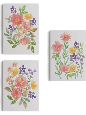 Beta Moda Hub Renkli Çiçekler Suluboya Görünümlü Dekoratif Duvar Tablosu Üçlü Set-Eı-