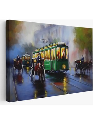 Beta Moda Hub Eski Tramvay Retro Yağlıboya Görünüm Dekoratif Kanvas Duvar Tablosu-