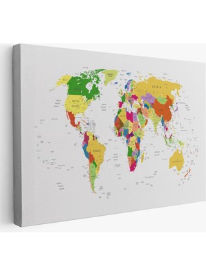 Beta Moda Hub Dünya Haritası Dekoratif Kanvas Tablo Ülke ve Başkentli