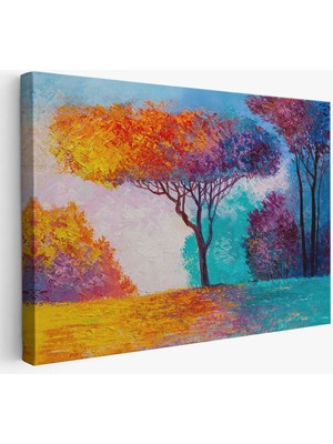 Beta Moda Hub Renkli Ağaçlar Yağlıboya Görünüm Dekoratif Kanvas Duvar Tablosu-