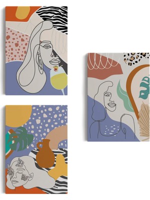 Beta Moda Hub Zarif Kadın Fifürü ve Yapraklar Temalı Dekoratif Duvar Tablosu Üçlü Set-Du-