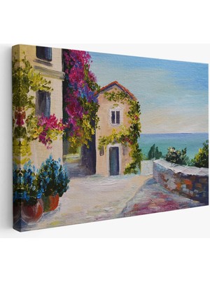 Beta Moda Hub Santorinide Deniz Manzaralı Ev Kanvas Duvar Tablosu-