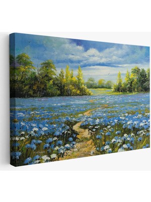 Beta Moda Hub Mavi Gelincik Tarlası Yağlıboya Görünüm Dekoratif Kanvas Duvar Tablosu-