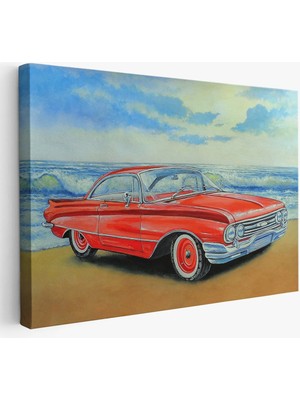Beta Moda Hub Kızmızı Retro Araba Yağlıboya Görünüm Dekoratif Kanvas Duvar Tablosu-