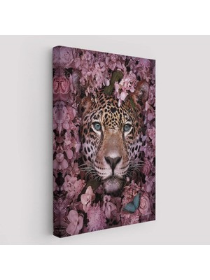 Beta Moda Hub Pembe Çiçekler Arasında Vahşi Leopar Dekoratif Duvar Tablosu-