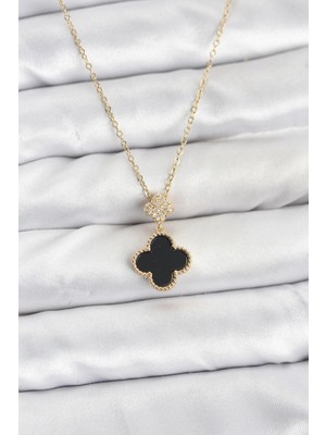 Bazarhane 316L Çelik Zincir Gold Renk Yonca Model Zirkon Taşlı Kadın Kolye