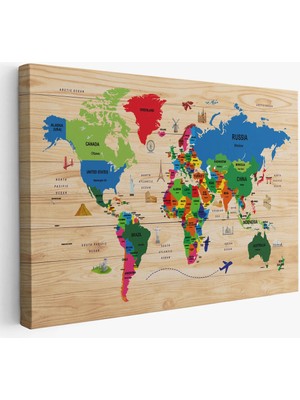 Beta Moda Hub Ahşap Görünümlü Dünya Haritası Dekoratif Kanvas Tablo