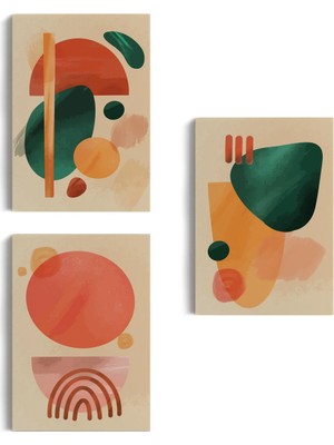 Beta Moda Hub 3’lü Tablo Suluboya Şekilleri Soyut Sanat Dekoratif Duvar Tablo Seti-Bb-