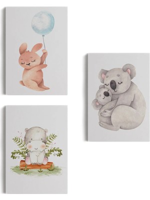 Beta Moda Hub 3’lü Tablo Sevimli Üç Hayvan Takımu Dekoratif Duvar Tablo Seti-Bt-