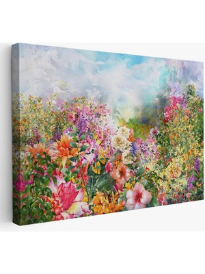 Beta Moda Hub Suluboya Görünümlü Çok Renkli Çiçek Manzaralı Kanvas Tablo-