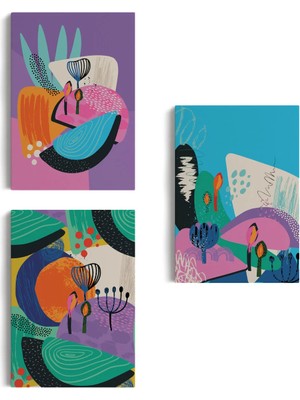 Beta Moda Hub Doğa Motifleri, Çiçek Yaprakları, Modern Soyut Tarzda 3 Lü Kanvas Tablo Seti-Ak-