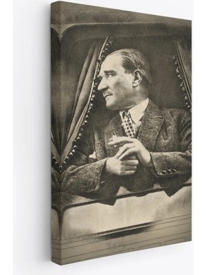 Beta Moda Hub Mustafa Kemal Atatürk'ün Karakalem Görünümlü Portre Çizimi Dikdörtgen Dekoratif Kanvas Tablo-De-