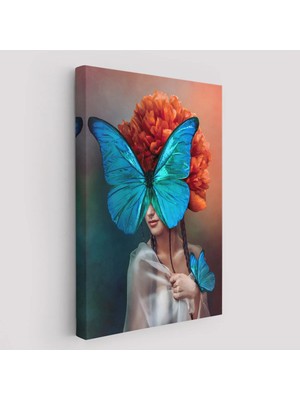 Beta Moda Hub Mavi Kelebekli Kadın Yağlıboya Görünüm Dekoratif Kanvas Duvar Tablosu-