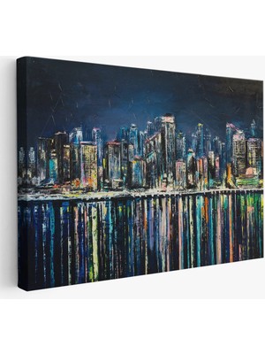 Beta Moda Hub Kıyı Şehrin De Gece Yağlıboya Görünüm Dekoratif Kanvas Duvar Tablosu-