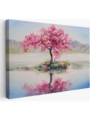 Beta Moda Hub Gölde Sakura Ağacı Yağlıboya Görünüm Kanvas Duvar Tablosu-