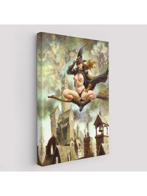 Beta Moda Hub Çıplak Cadı Süpürgeye Biniyor, Cadılar Bayramı Gotik Sanatı, Kanvas Tablo-