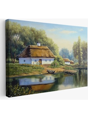 Beta Moda Hub Göl Manzaralı Köy Evi Yağlıboya Görünüm Dekoratif Kanvas Duvar Tablosu-