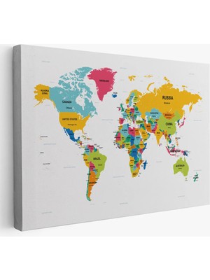 Beta Moda Hub Dünya Haritası Dekoratif Kanvas Tablo Ülke ve Başkentli