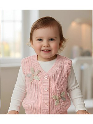 Mihrumay Kız Bebek Çiçek Motifli Triko Yelek