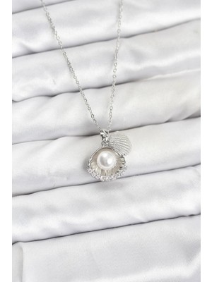 AyrStore Buğz 316L Çelik Zincir Gümüş Renk Incili Deniz Kabuğu Model Zirkon Taşlı Kadın Kolye