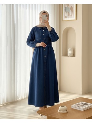 Moda Morfo Beli Lastikli Yan Cepli Kot Elbise  -Laci