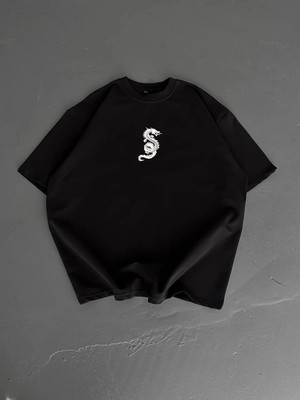 Baskılı Oversize Bisiklet Yaka Kısa Kol Tişort - Siyah