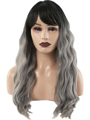 Kaia Life Perçemli Uzun Su Dalgası Fiber Sen Peruk / Siyah / Gri Ombreli