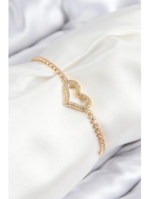 AyrStore Buğz Pirinç Zirkon Taşlı Kalp Model Gold Renk Asansörlü Kadın Bileklik