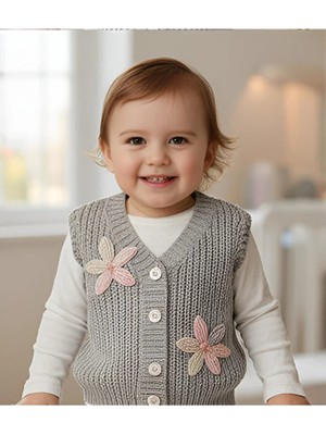 Mihrumay Kız Bebek Çiçek Motifli Triko Yelek