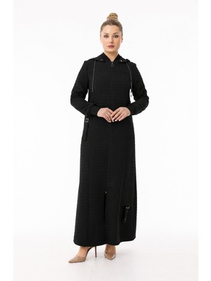 Zerenay Moda 5589 Boydan Fermuarlı Kol Ucu ve Yakası Triko Lastik Detaylı Kapişonluyeni Kutu Desen  Kapitone Ferace#26#