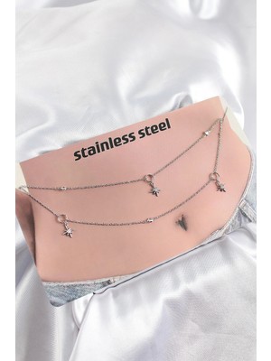 AyrStore Buğz 316L Çelik Zirkon Taşlı Kutup Yıldızı Model Gümüş Renk Göbek Bel Zinciri