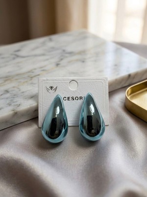 Meneva Aksesuar Metalik Buz Mavisi Modern Damla Küpe