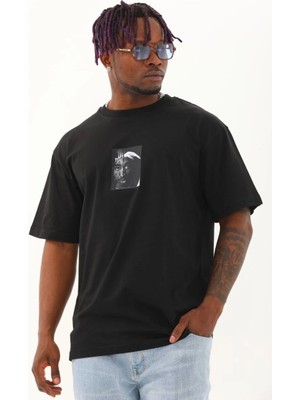 Erkek Kısa Kol Oversize Baskılı Bisiklet Yaka T-Shirt - Siyah