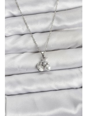 AyrStore Buğz 316L Çelik Zincir Gümüş Renk Deniz Kabuğu ve Deniz Yıldızı Model Zirkon Taşlı Kadın