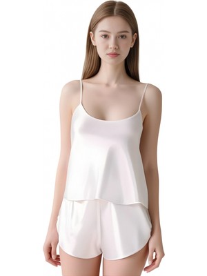 Marsilyan Luna Lora Beyaz Saten Babydoll Şort Takımı Zarif Kadın Gece Giyim