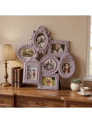 Dyris Lila 7’li Dekoratif Fotoğraf Çerçevesi 33X35 cm Vintage Çoklu Resim Çerçevesi Duvar Masaüstü