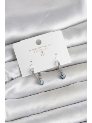 Bazarhane Minimal Nazarlı Model Gümüş Renk Zirkon Taşlı Kadın Küpe